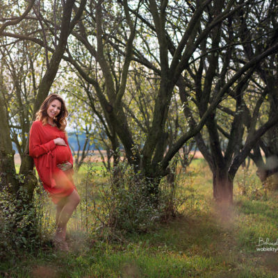 Portret kobiety w ciąży w sadzie późnym latem